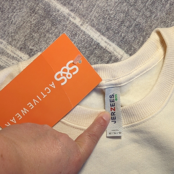 Jerzees Cream Crew Neck Sweater with Red and Yellow Design - Picture 7 of 9